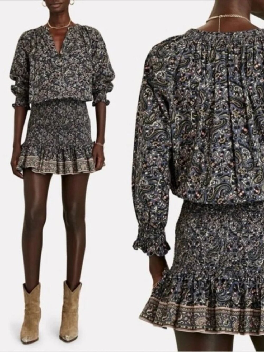 Veronica Beard Karlina Dress Smocked Fall Mini - Tiered Navy Paisley Cotton $450